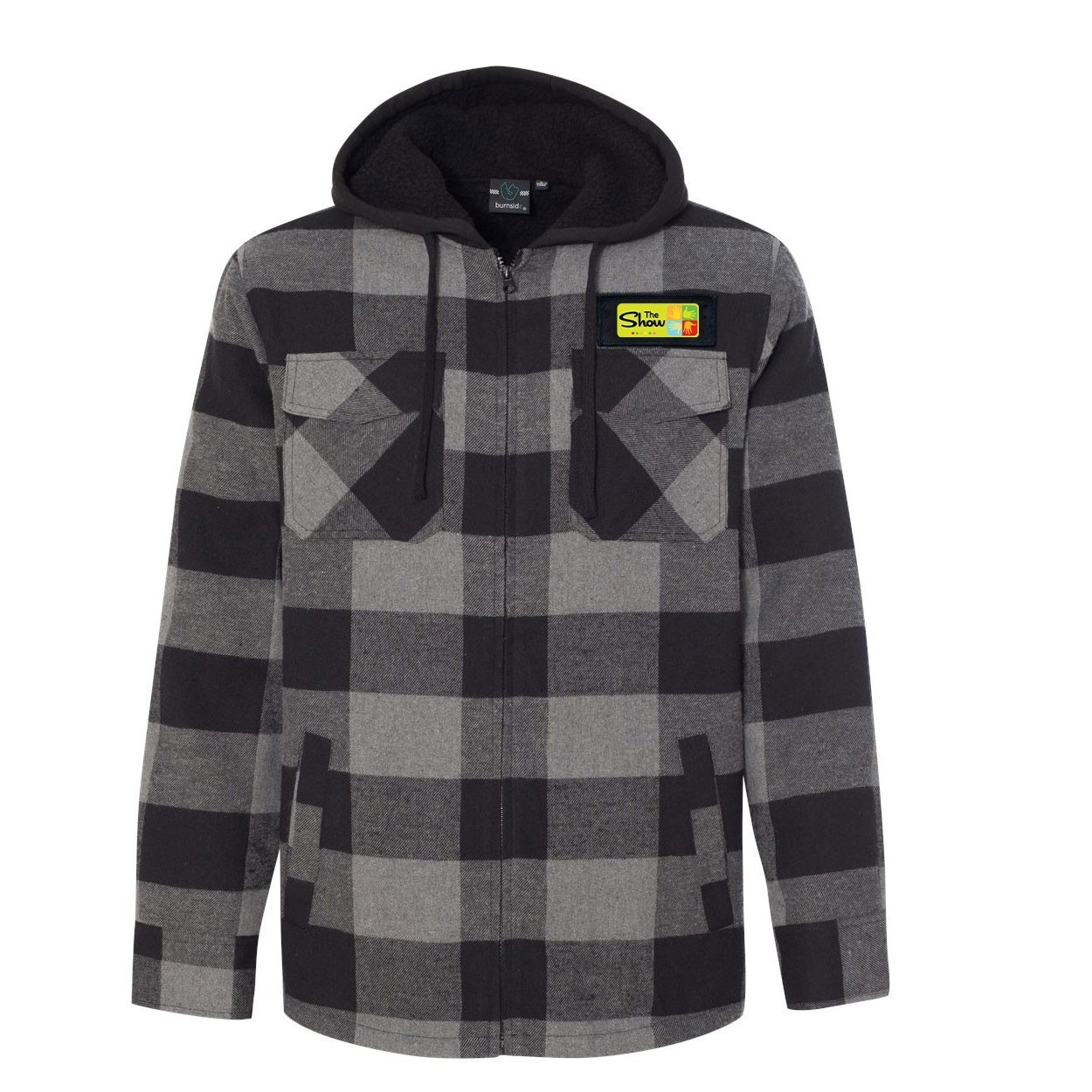 The Show Art Gallery Classic Unisex Full Zip Woven Patch Hooded Flannel Jacket Black/Gray (White Logo)