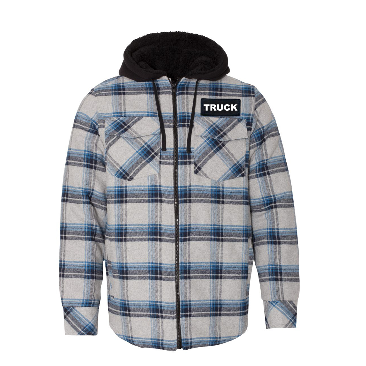 Truck Brand Logo Classic Unisex Full Zip Woven Patch Hooded Flannel Jacket Gray/ Blue
