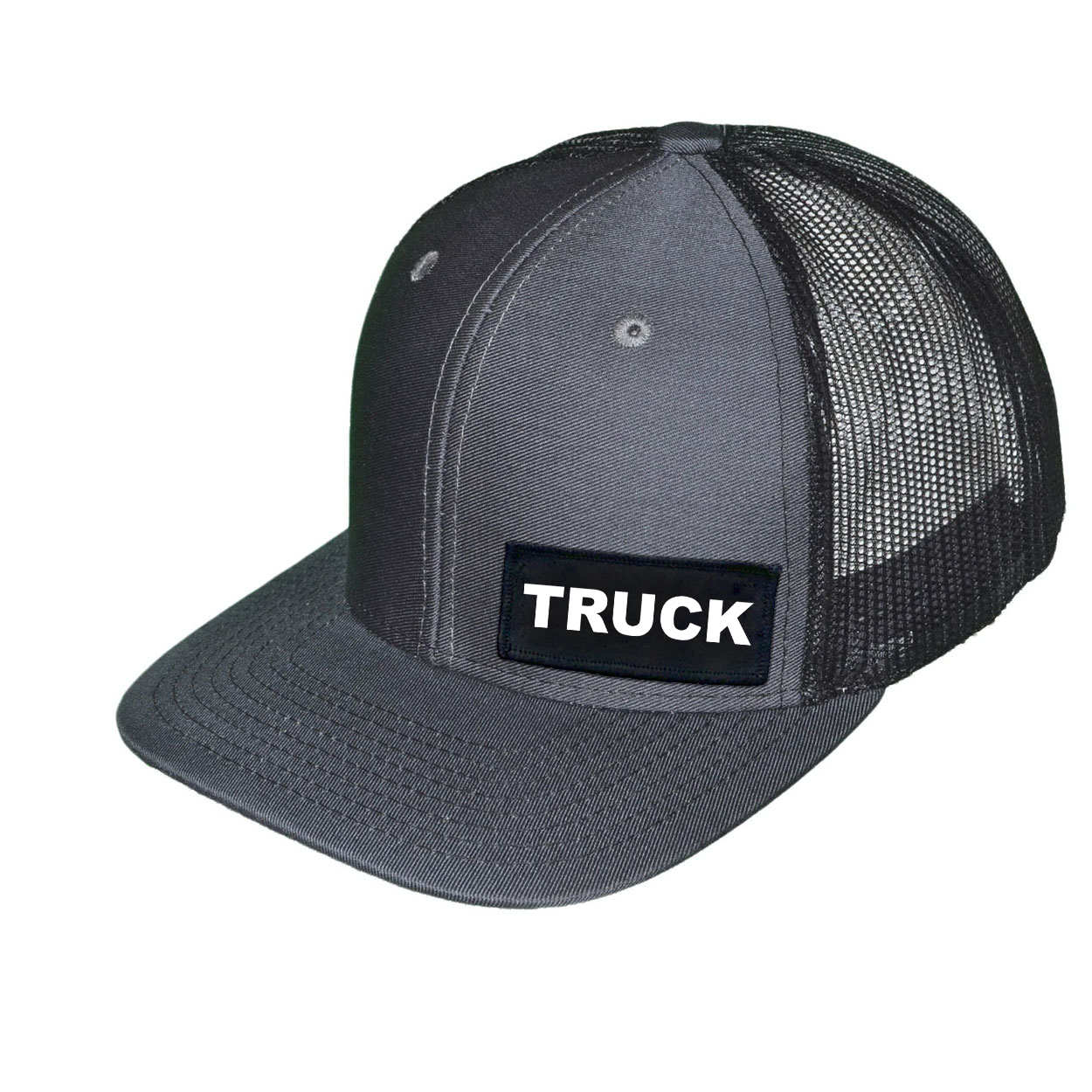 Truck Brand Logo Night Out Woven Patch Snapback Trucker Hat Dark Gray/Black