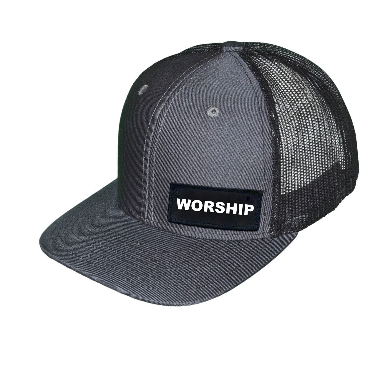 Worship Brand Logo Night Out Woven Patch Snapback Trucker Hat Dark Gray/Black