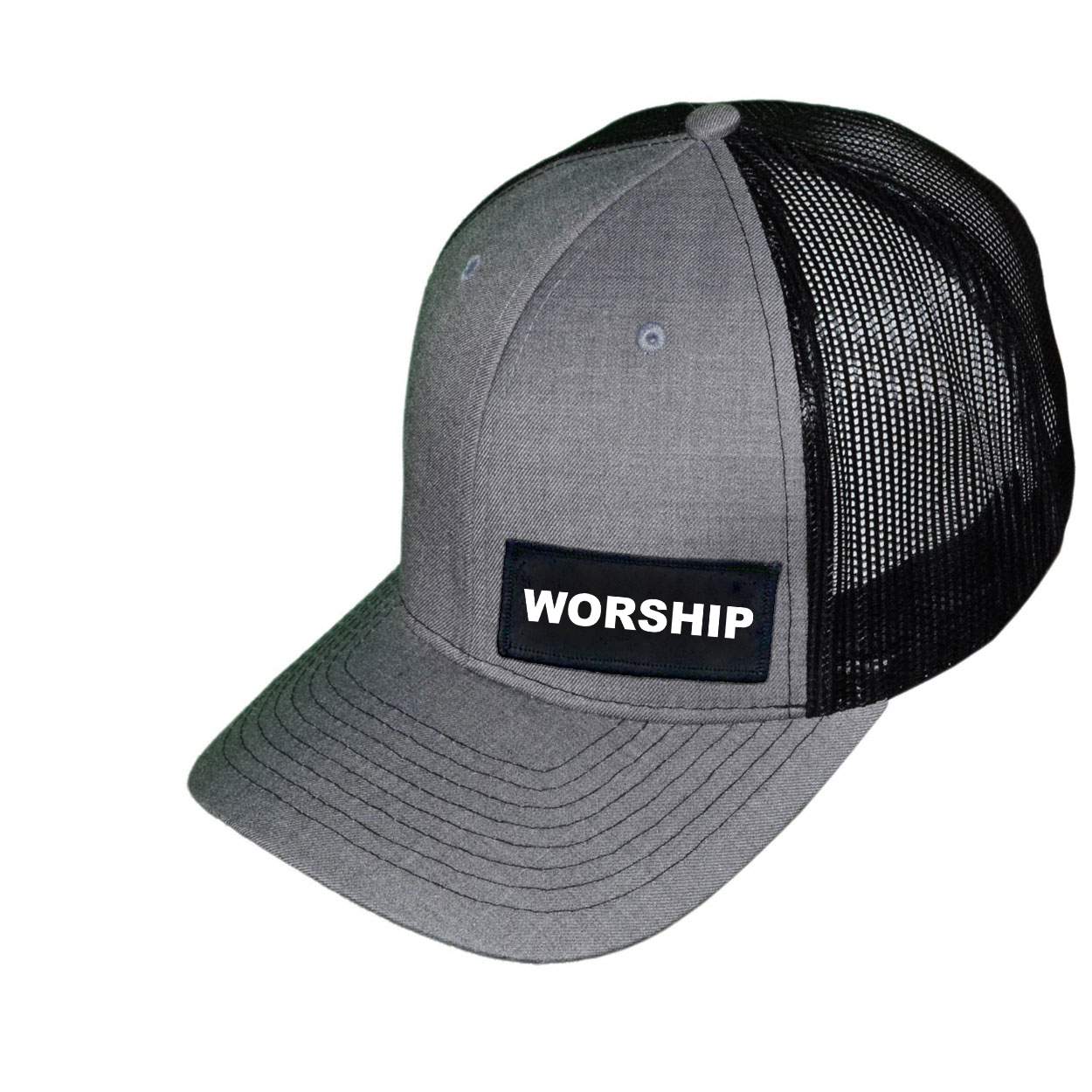 Worship Brand Logo Night Out Woven Patch Snapback Trucker Hat Heather Gray/Black
