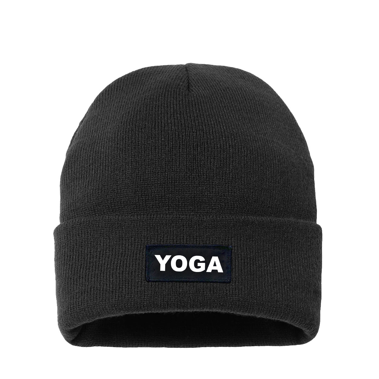 Yoga Brand Logo Night Out Woven Patch Night Out Sherpa Lined Cuffed Beanie Black