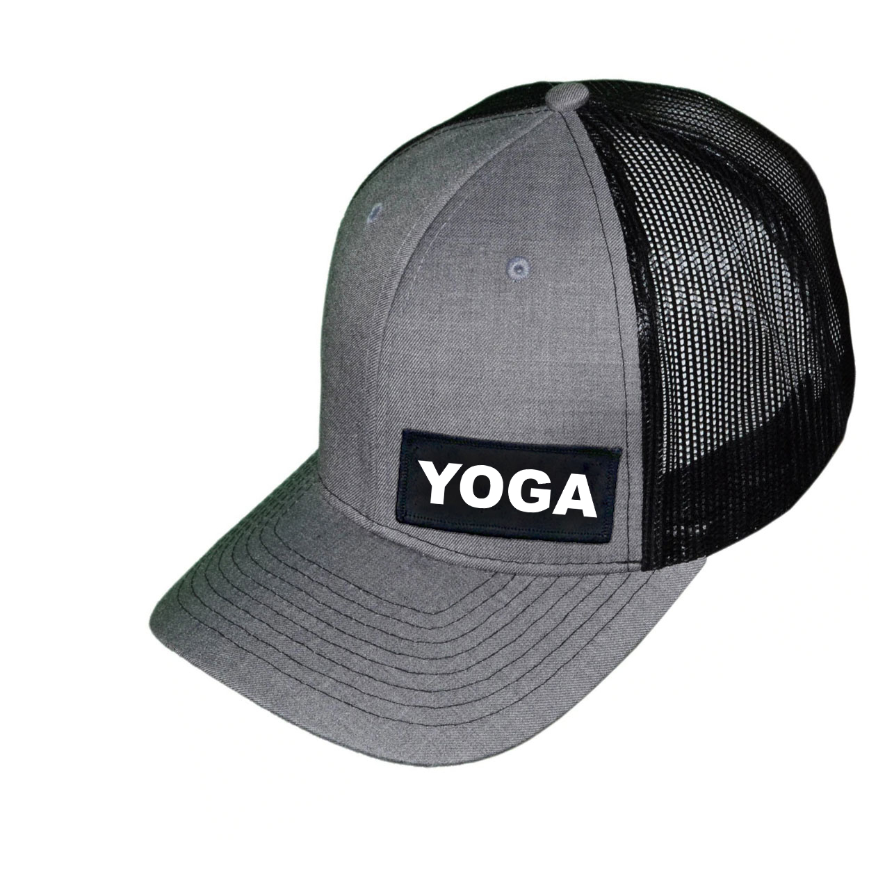 Yoga Brand Logo Night Out Woven Patch Snapback Trucker Hat Heather Gray/Black (White Logo)