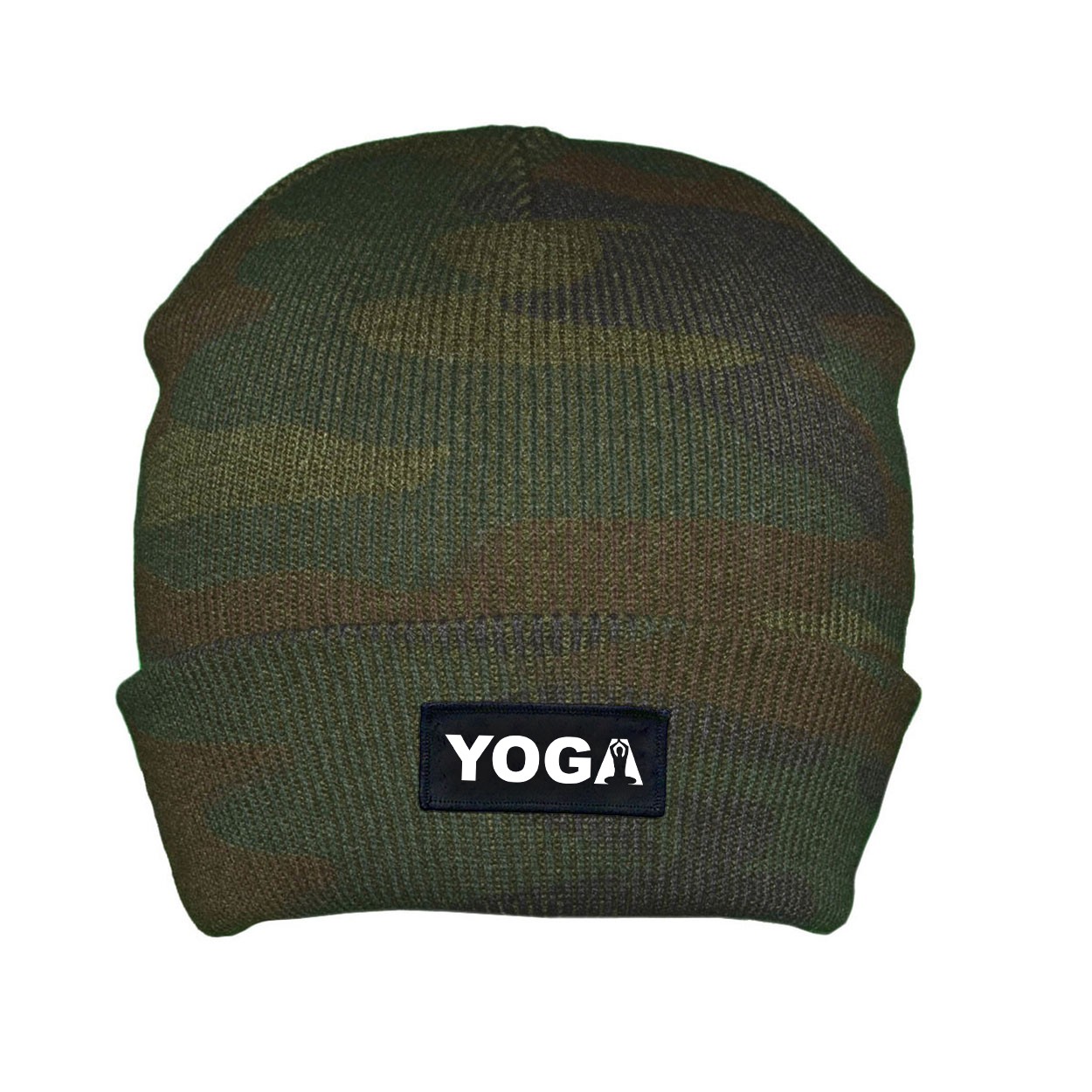 Yoga Meditation Logo Night Out Woven Patch Roll Up Skully Beanie Camo (White Logo)