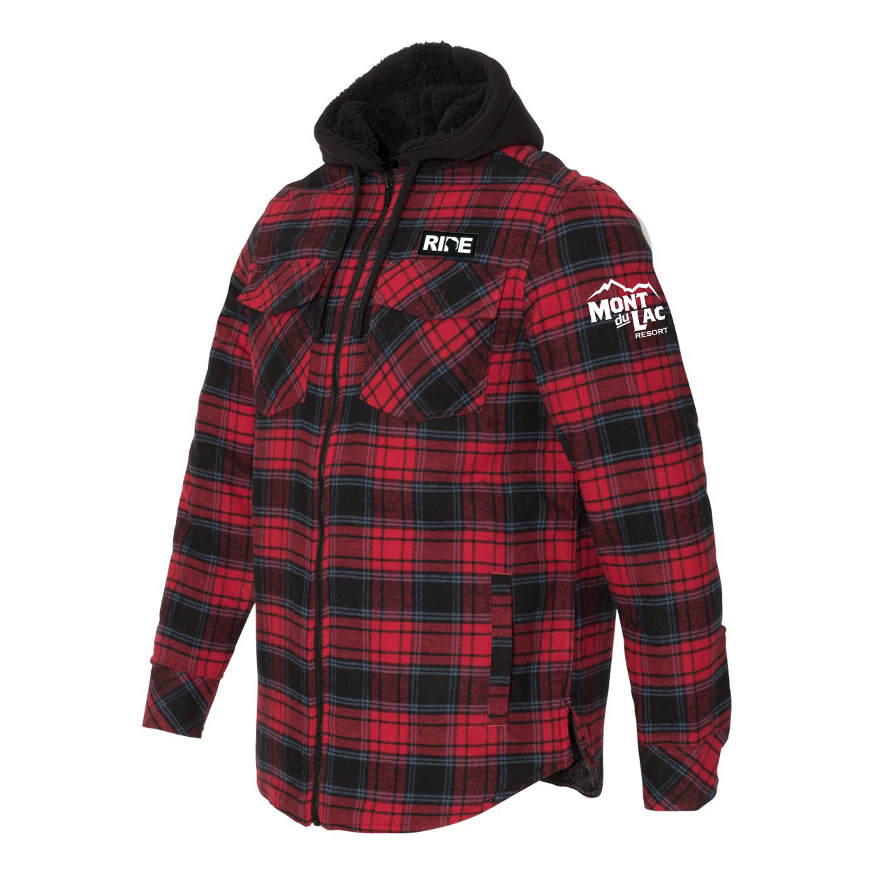 Mont Du Lac Classic Ride Wisconsin Unisex Full Zip Woven Patch Hooded Flannel Jacket Red/Black Buffalo (White Logo)