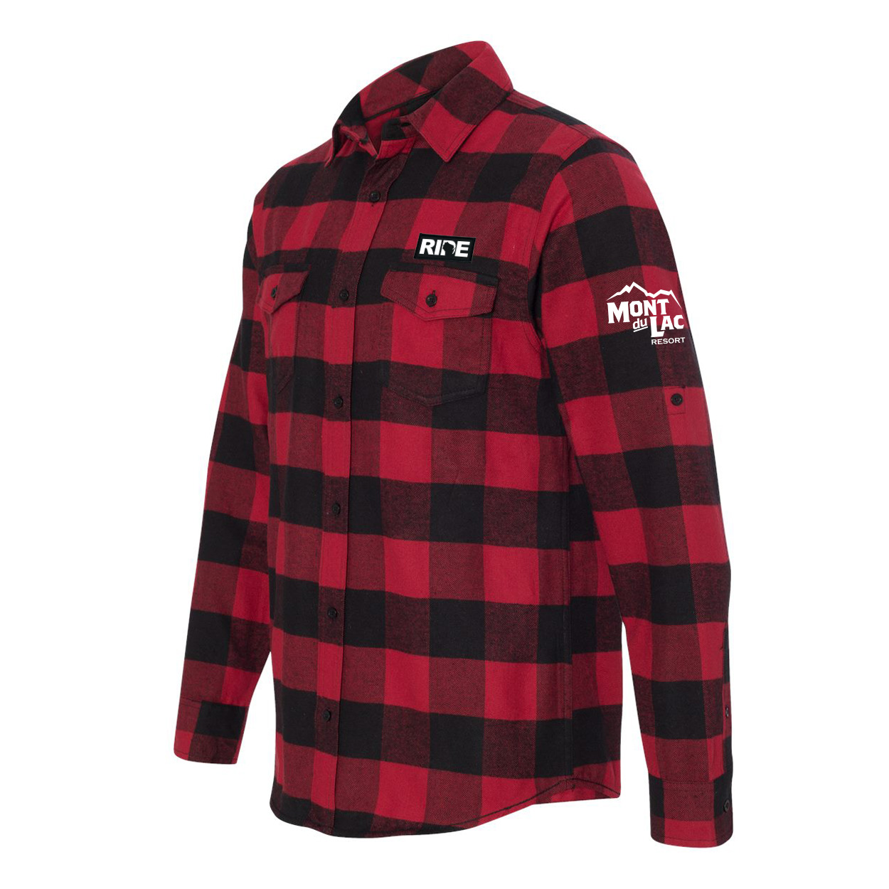 Mont Du Lac Classic Ride Wisconsin Unisex Long Sleeve Woven Patch Flannel Shirt Red/Black Buffalo (White Logo)