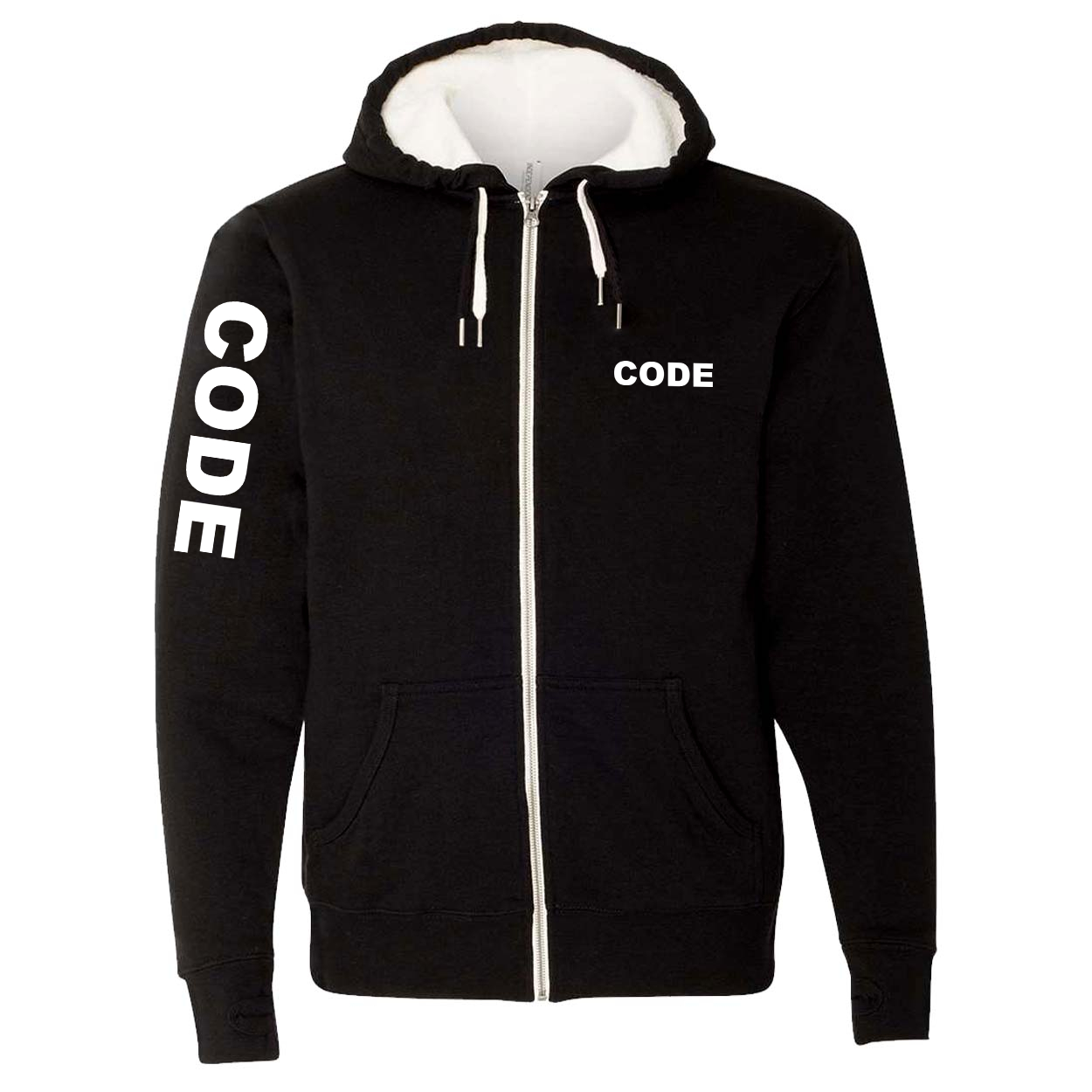 Code Brand Logo Classic Sherpa-Lined Hooded Zip Up Sweatshirt Black (White Logo)