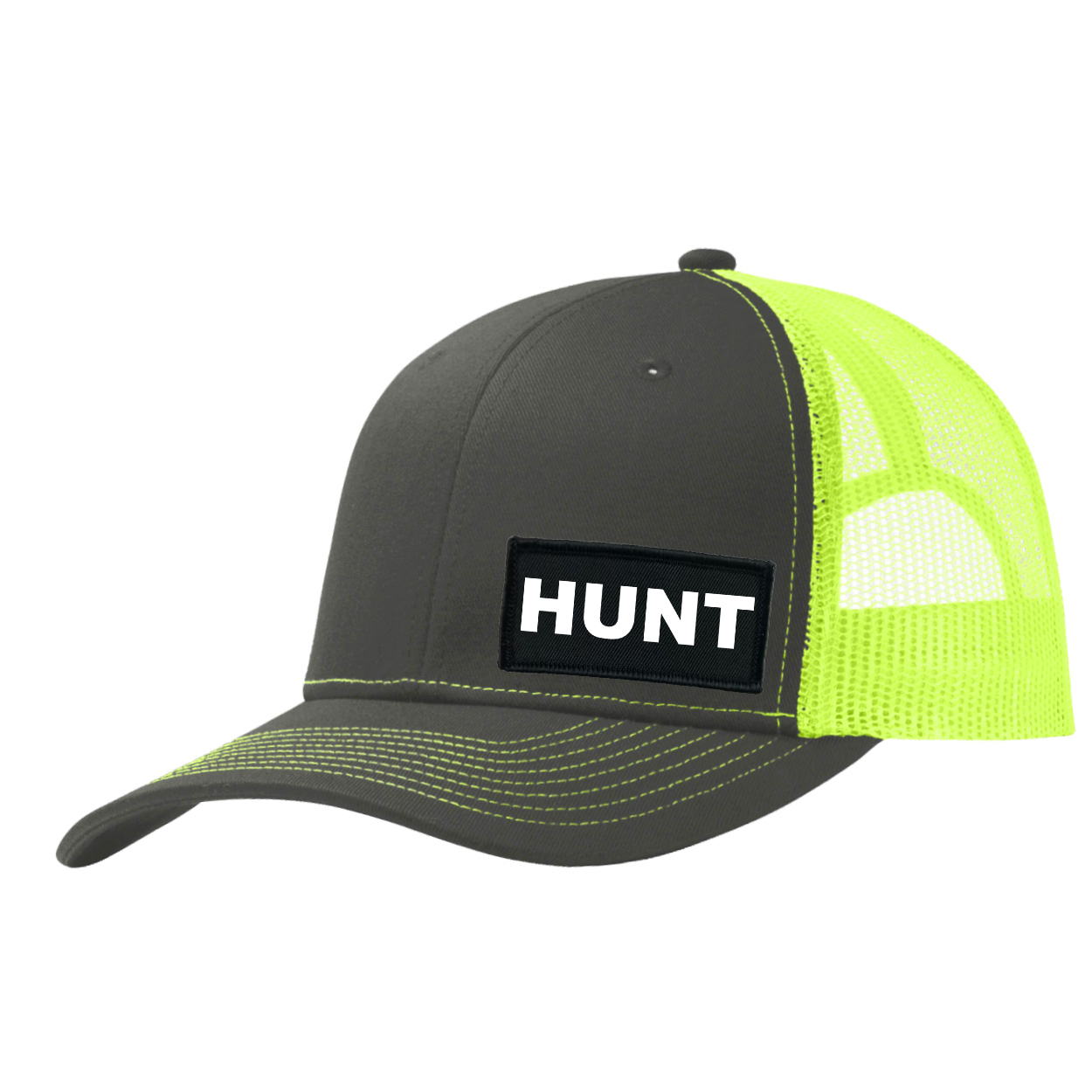 Hunt Brand Logo Night Out Woven Patch Snapback Trucker Hat Charcoal/Neon Yellow (White Logo)