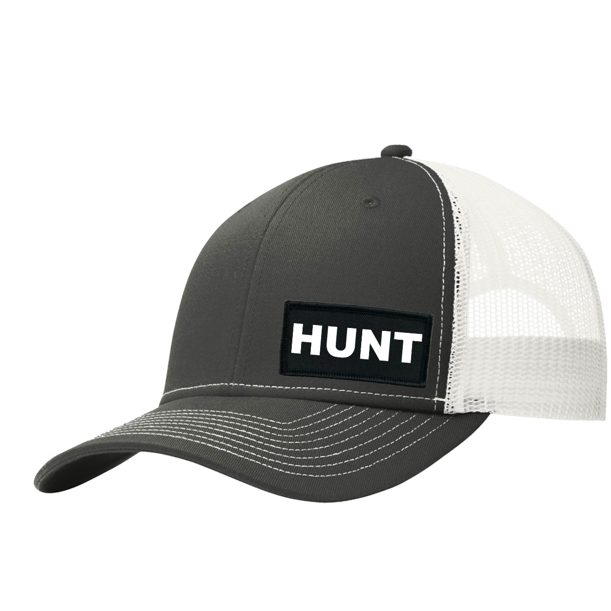 Hunt Brand Logo Night Out Woven Patch Snapback Trucker Hat Dark Gray/White (White Logo)