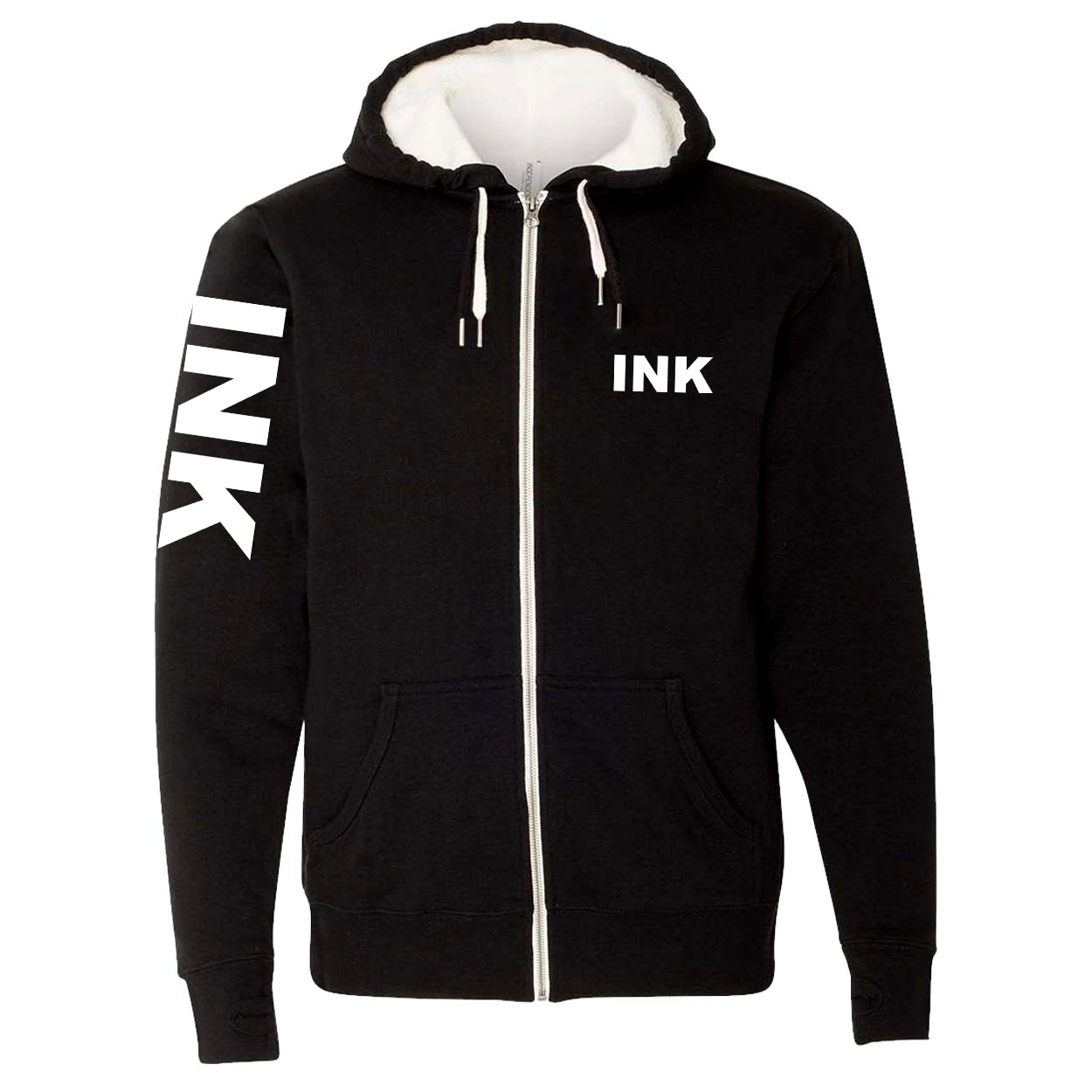 Ink Brand Logo Classic Sherpa-Lined Hooded Zip Up Sweatshirt Black (White Logo)