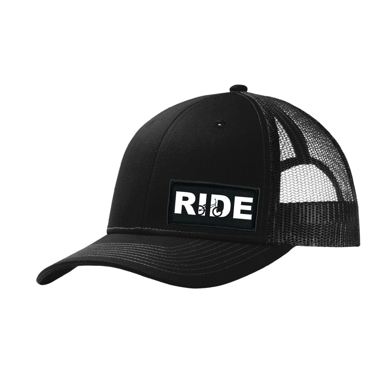 Ride BMX Logo Night Out Woven Patch Snapback Trucker Hat Black (White Logo)
