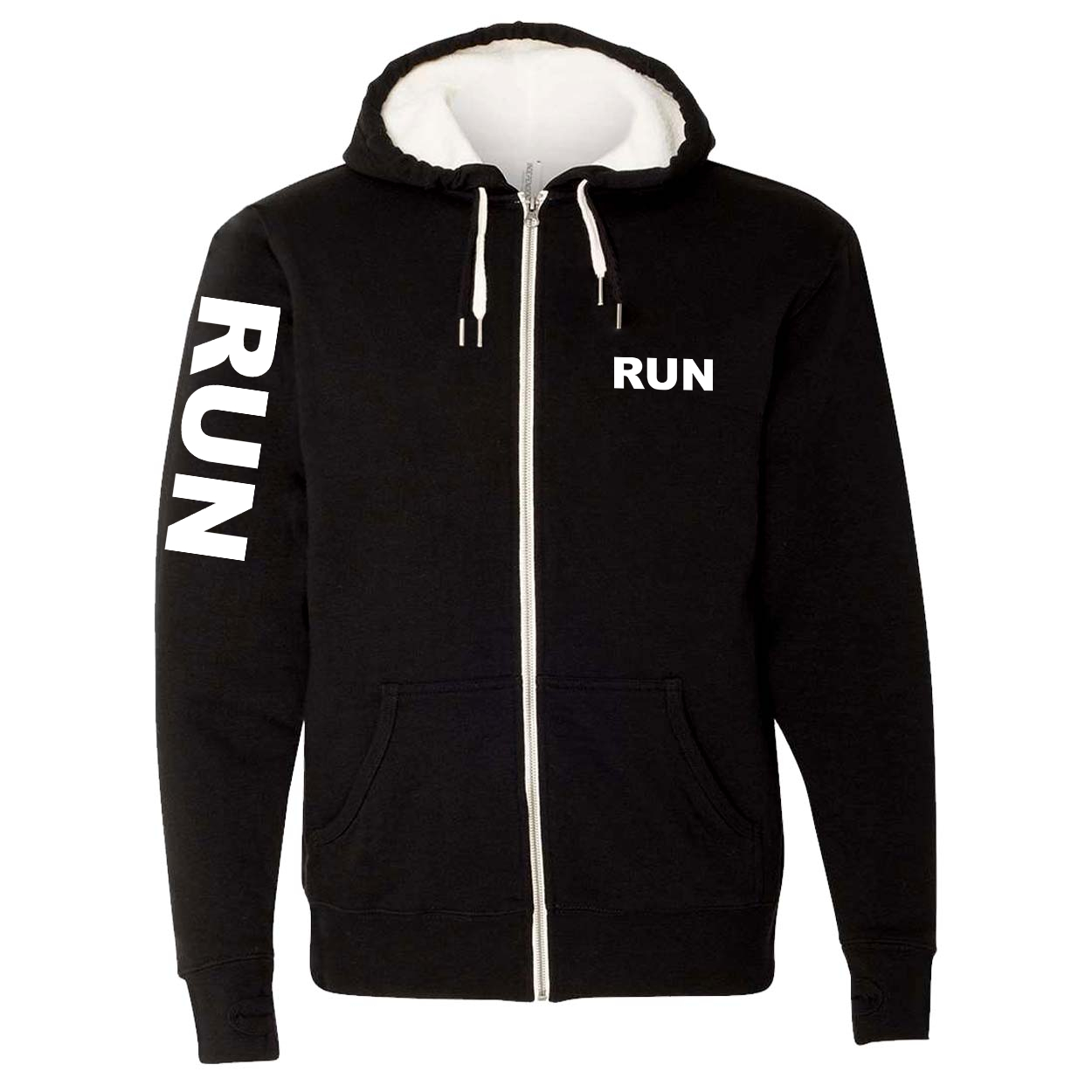 Run Brand Logo Classic Sherpa-Lined Hooded Zip Up Sweatshirt Black (White Logo)