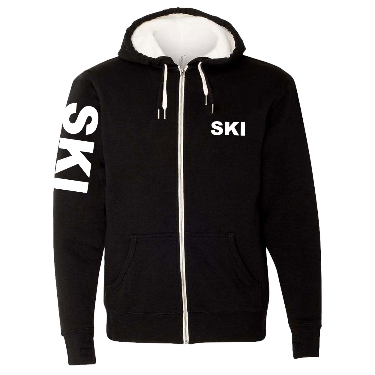 Ski Brand Logo Classic Sherpa-Lined Hooded Zip Up Sweatshirt Black (White Logo)