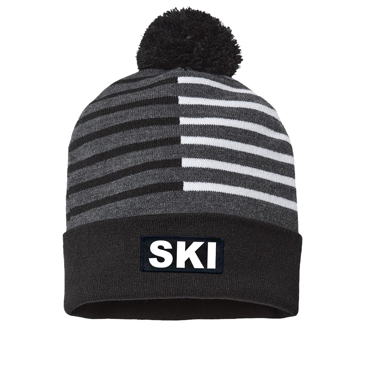 Ski Brand Logo Night Out Woven Patch Roll Up Pom Knit Beanie Half Color Black/White (White Logo)