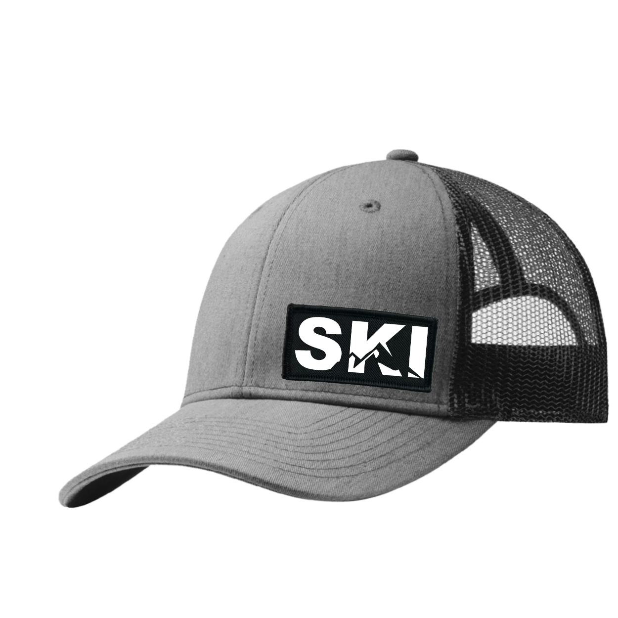 Ski Mountain Logo Night Out Woven Patch Snapback Trucker Hat Heather Gray/Black (White Logo)