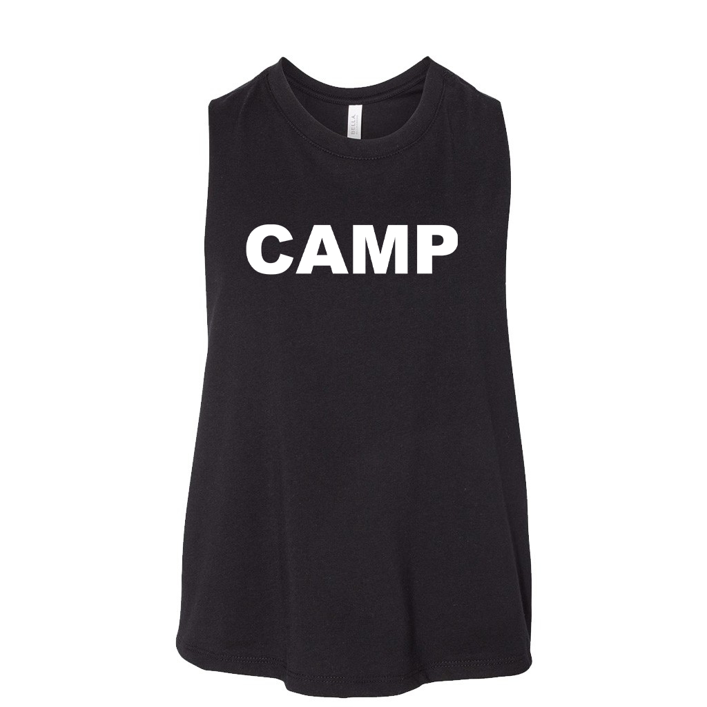 Camp Brand Logo Classic Womens Flowy Racerback Cropped Tank Black (White Logo)