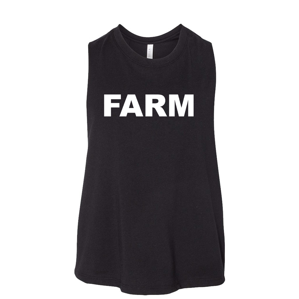 Farm Brand Logo Classic Womens Flowy Racerback Cropped Tank Black (White Logo)
