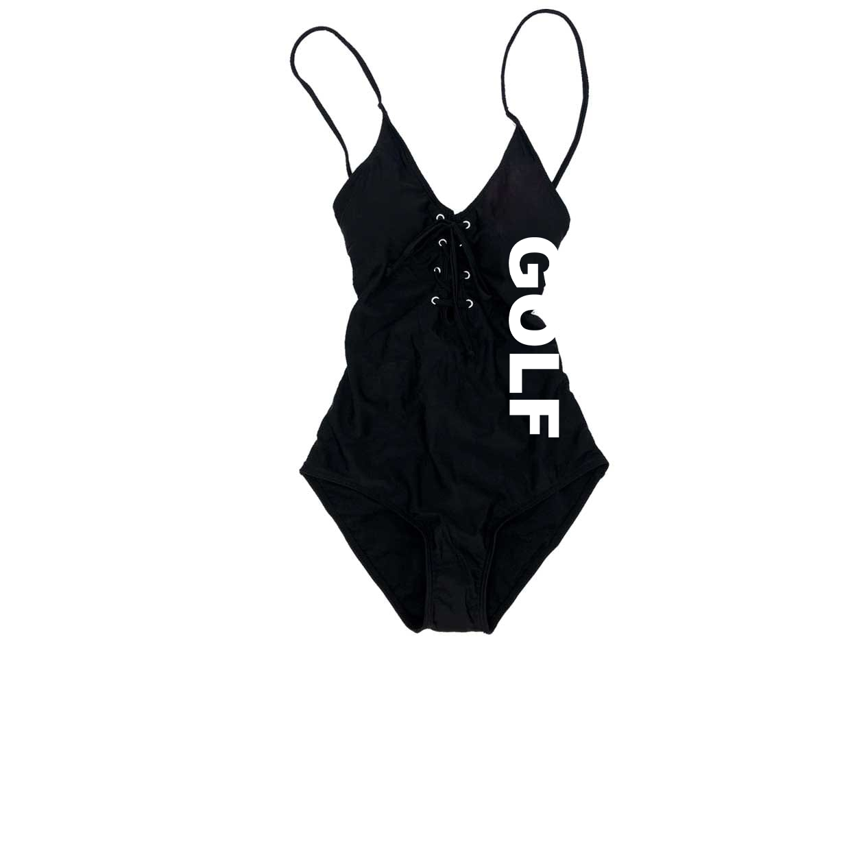 Golf Brand Logo Classic Womens Padded Grommet Lace Up One-Piece Swimsuit Black (White Logo)