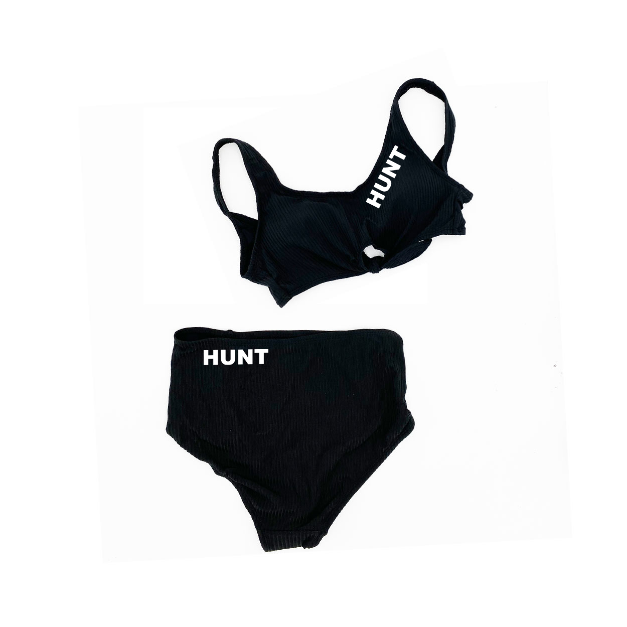 Hunt Brand Logo Classic Womens Padded Cropped Knot Ribbed Two-Piece Swimsuit Black (White Logo)