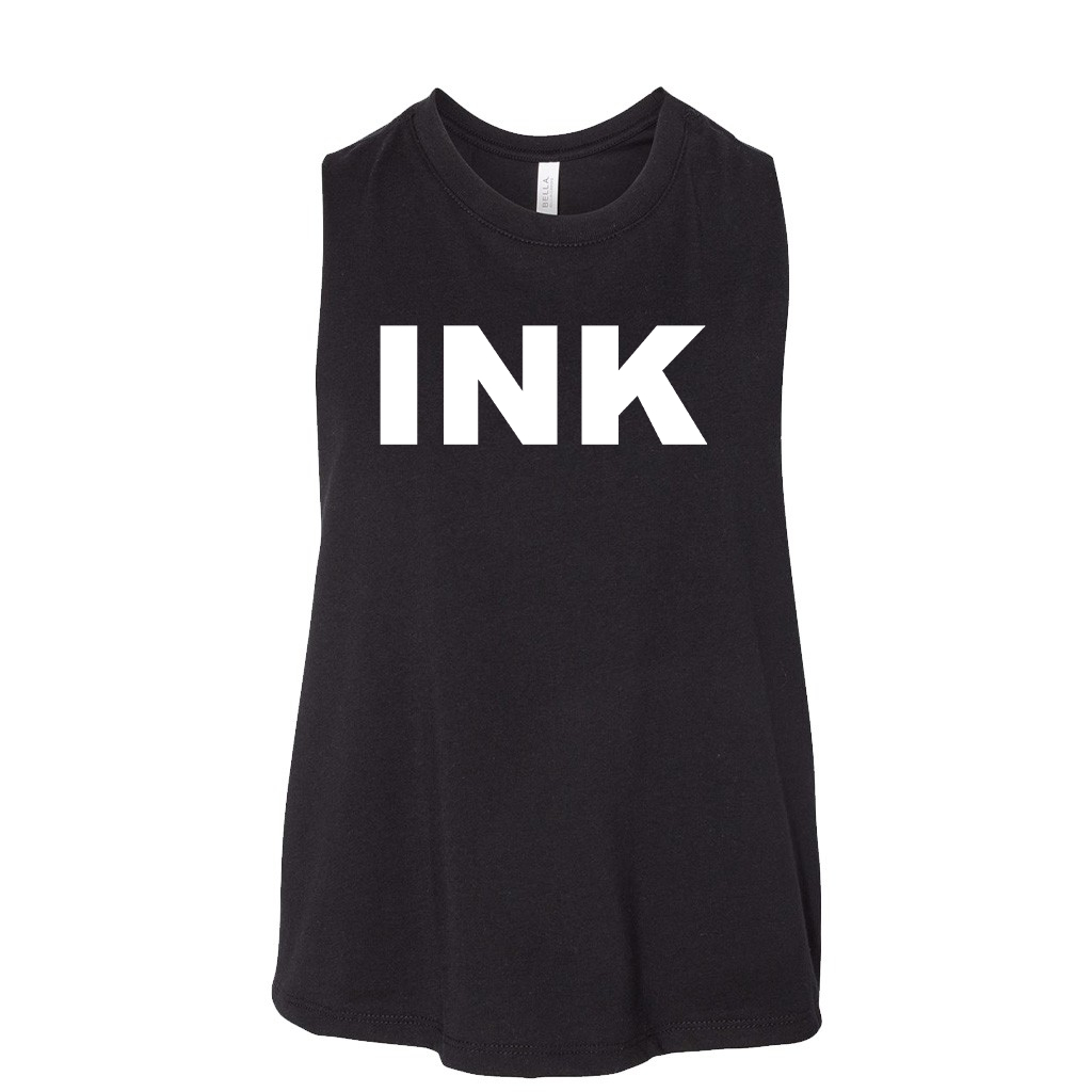 Ink Brand Logo Classic Womens Flowy Racerback Cropped Tank Black (White Logo)