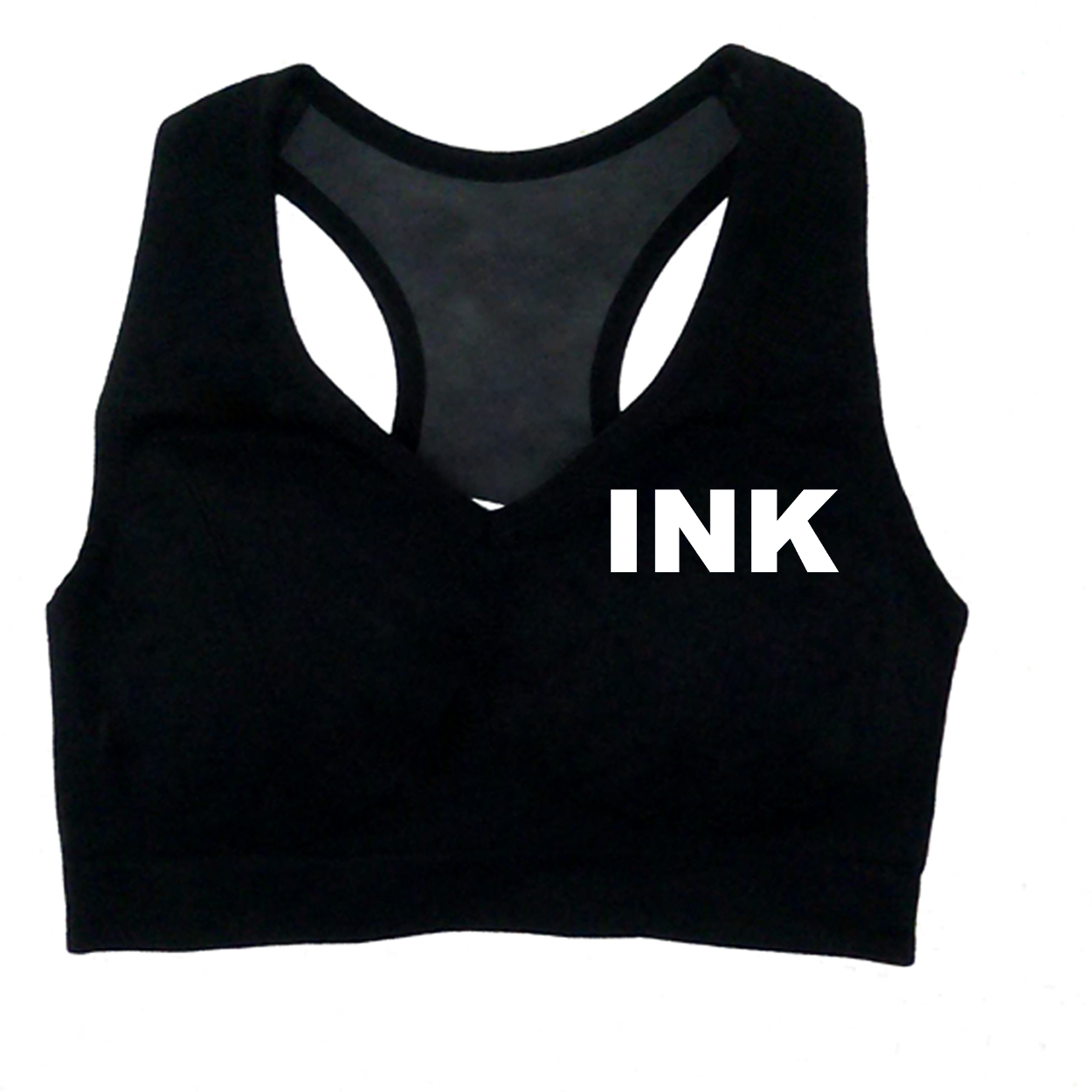 Ink Brand Logo Classic Womens High Support Scoop Neck Cut Out Back Sports Bra (White Logo)