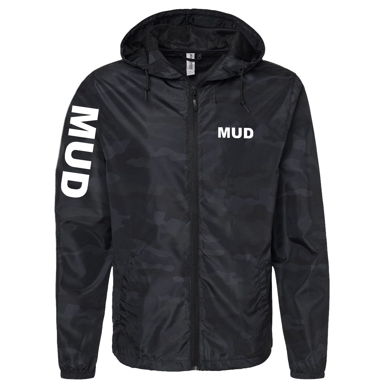 Mud Brand Logo Classic Lightweight Windbreaker Black Camo (White Logo)