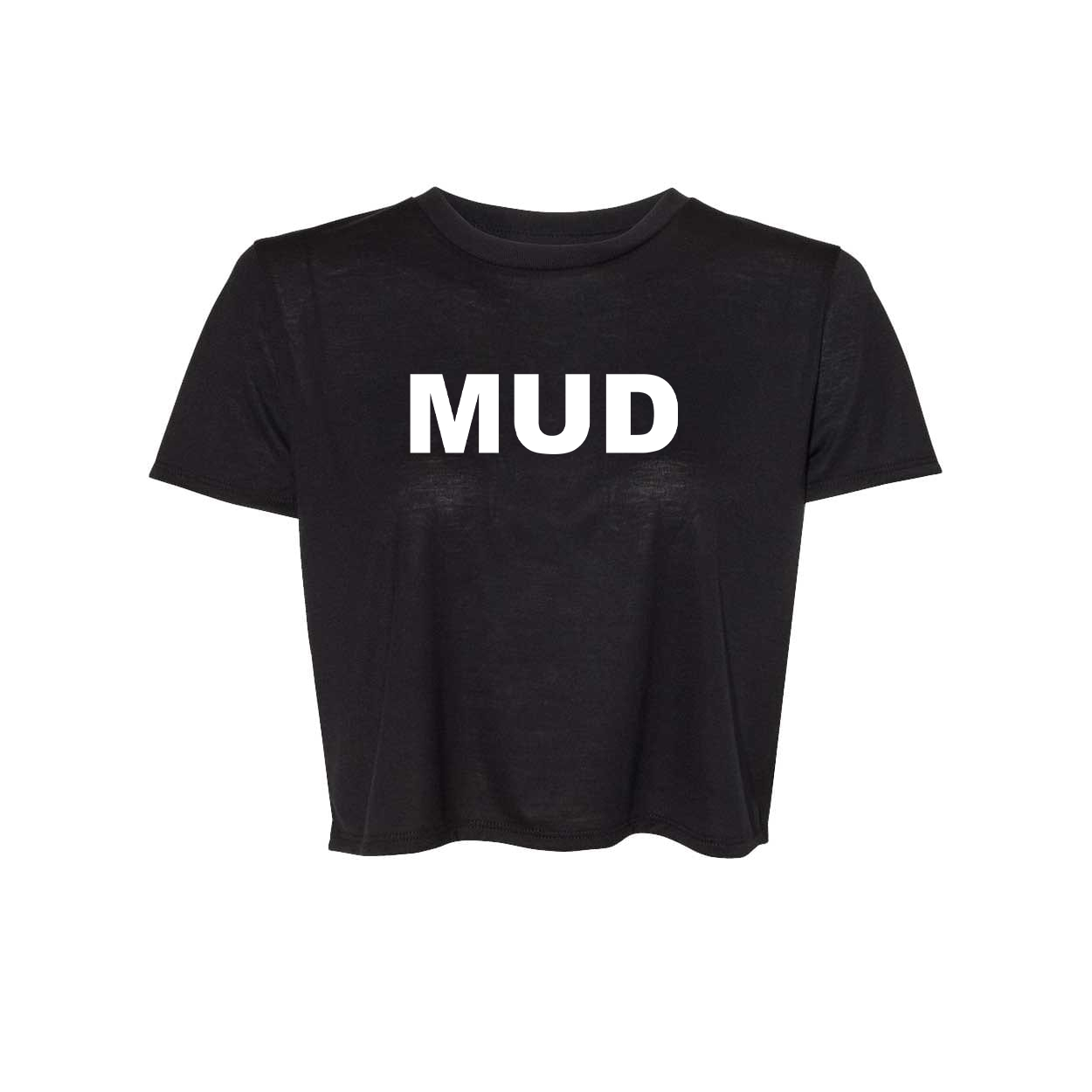 Mud Brand Logo Classic Womens Flowy Cropped Tee Black (White Logo)