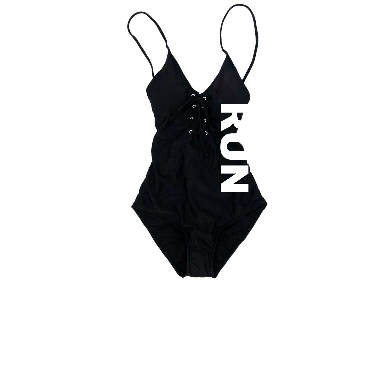 Run Brand Logo Classic Womens Padded Grommet Lace Up One-Piece Swimsuit Black (White Logo)