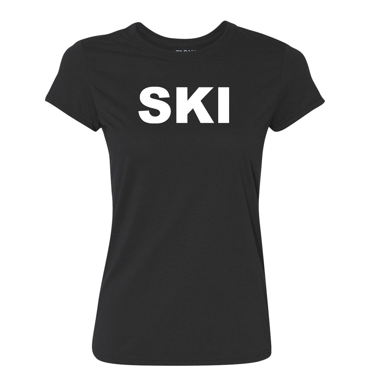 Ski Brand Logo Classic Womens Performance T-Shirt Black (White Logo)