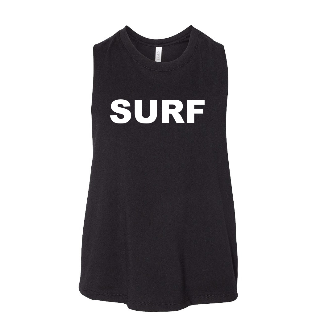 Surf Brand Logo Classic Womens Flowy Racerback Cropped Tank Black (White Logo)