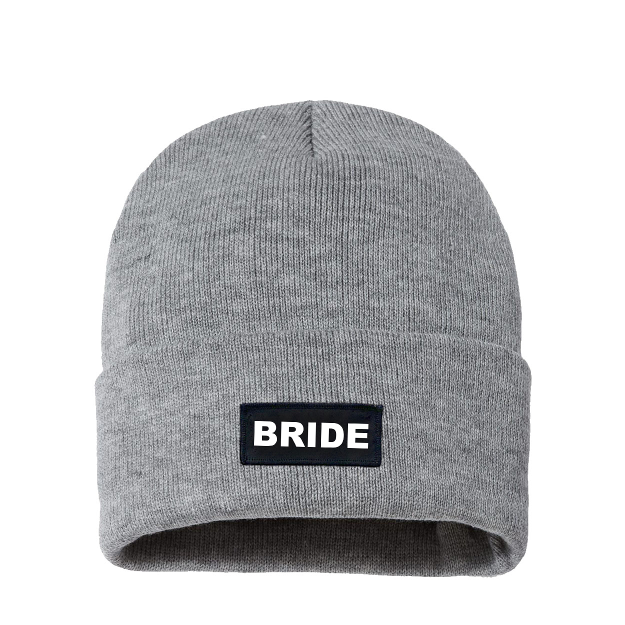 Bride Brand Logo Night Out Woven Patch Sherpa Lined Cuffed Beanie Heather Gray