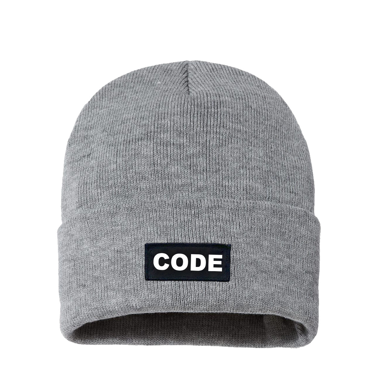 Code Brand Logo Night Out Woven Patch Sherpa Lined Cuffed Beanie Heather Gray (White Logo)