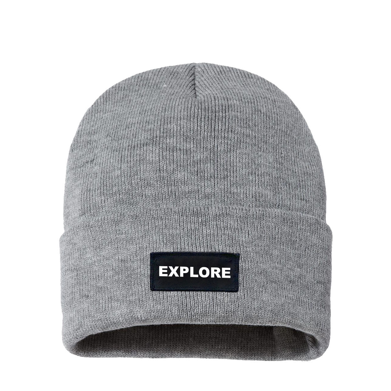 Explore Brand Logo Night Out Woven Patch Sherpa Lined Cuffed Beanie Heather Gray