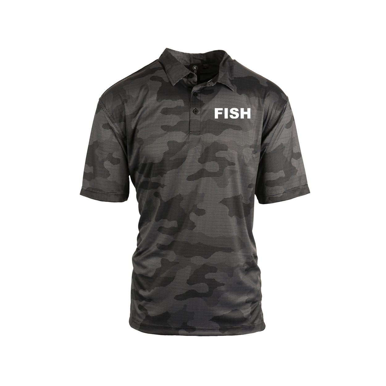 Fish Brand Logo Night Out Golf Polo Shirt Black Camo Dotted (White Logo)