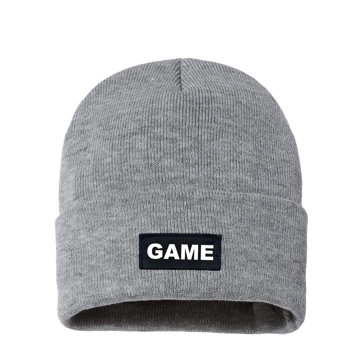 Game Brand Logo Night Out Woven Patch Sherpa Lined Cuffed Beanie Heather Gray (White Logo)