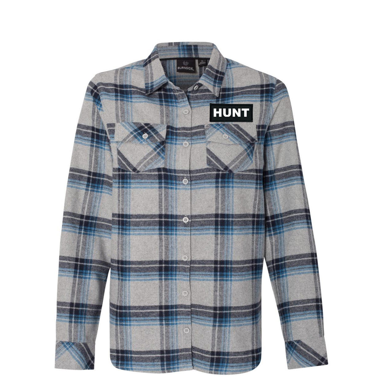 Hunt Brand Logo Classic Womens Long Sleeve Woven Patch Flannel Shirt Grey/Blue (White Logo)
