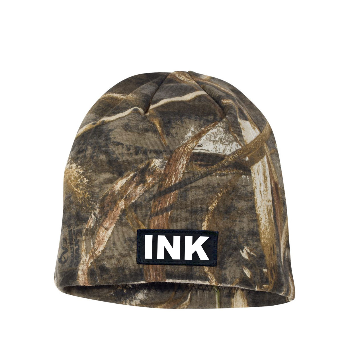Ink Brand Logo Night Out Woven Patch Skully Beanie Realtree Max-5 Camo (White Logo)