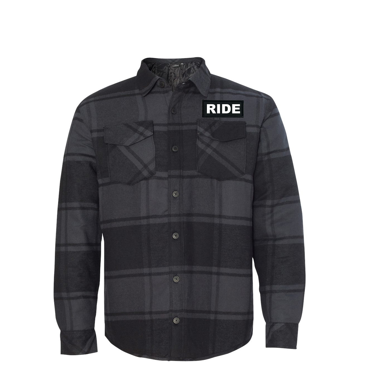 Ride Brand Logo Classic Unisex Woven Patch Quilted Button Flannel Jacket Black/Plaid (White Logo)