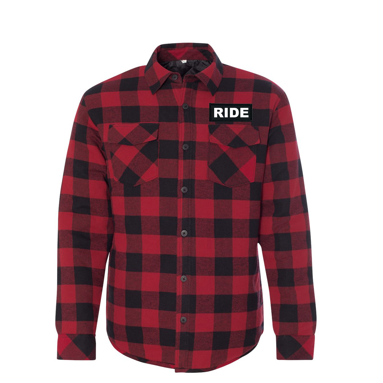 Ride Brand Logo Classic Unisex Woven Patch Quilted Button Flannel Jacket Red/Black Buffalo (White Logo)