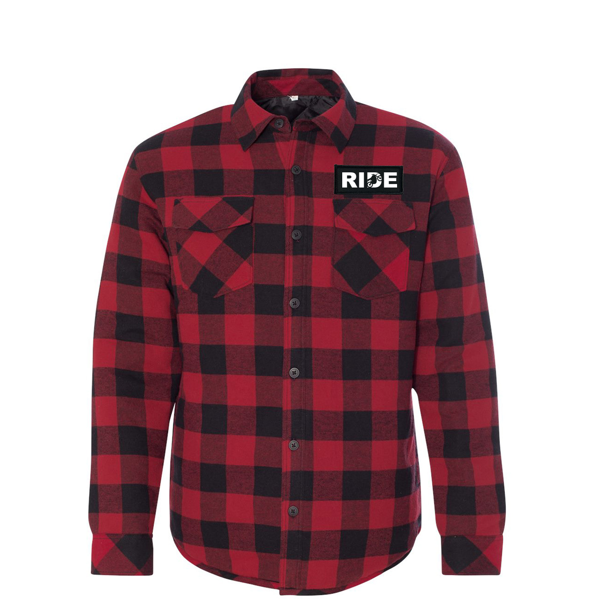 Ride Moto Logo Classic Unisex Woven Patch Quilted Button Flannel Jacket Red/Black Buffalo (White Logo)