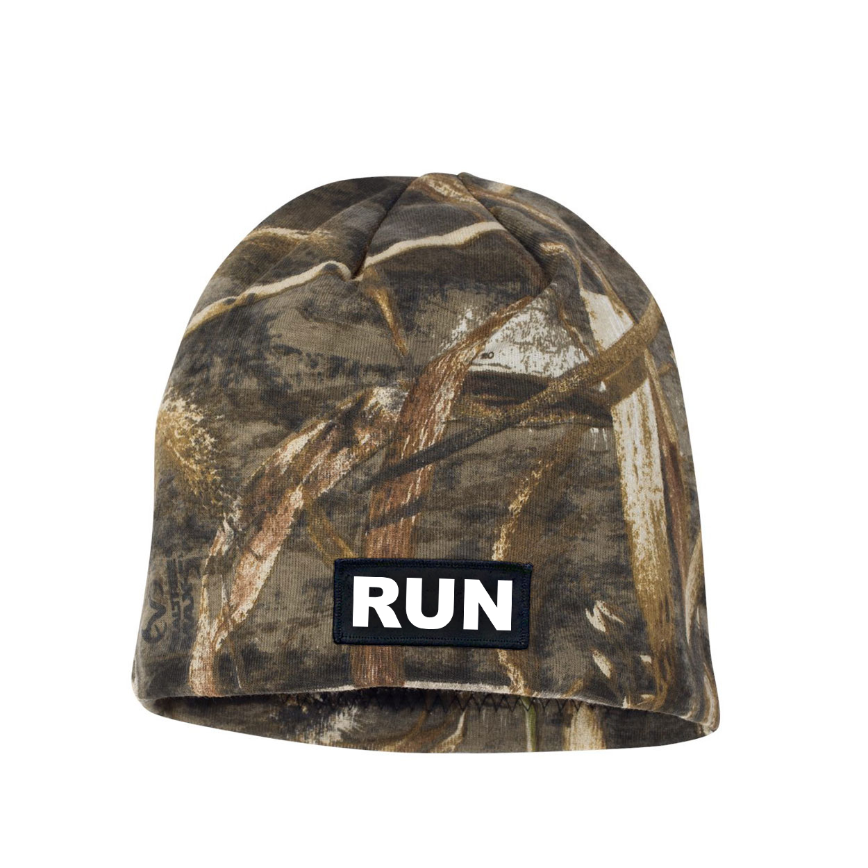 Run Brand Logo Night Out Woven Patch Skully Beanie Realtree Max-5 Camo (White Logo)
