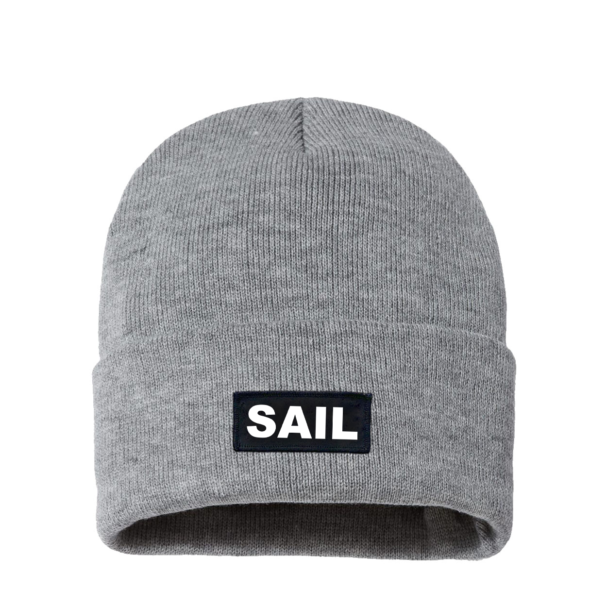 Sail Brand Logo Night Out Woven Patch Sherpa Lined Cuffed Beanie Heather Gray