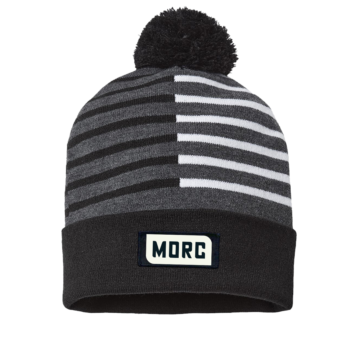MORC Night Out Woven Patch Roll Up Pom Knit Beanie Half Color Black/White