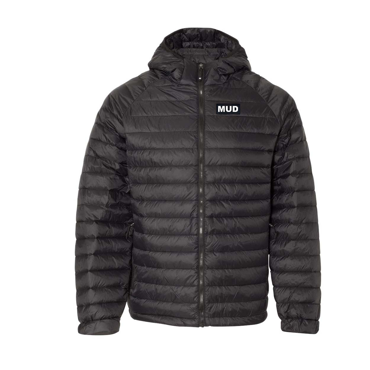 Mud Brand Logo Night Out Woven Patch Hooded Puff Down Jacket Black (White Logo)