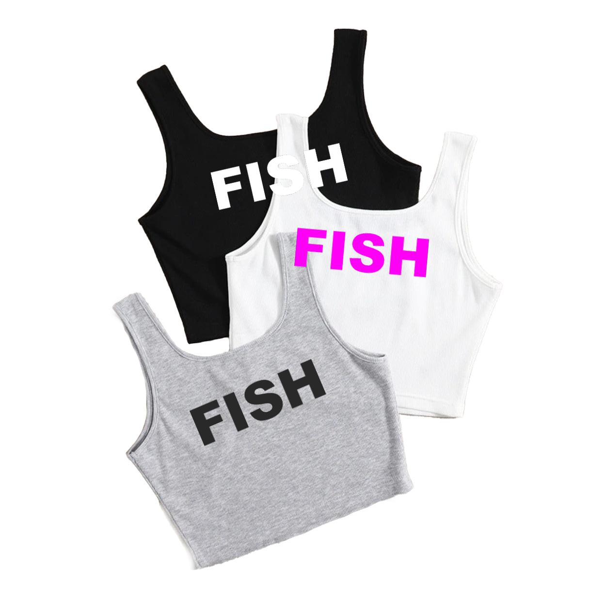 Fish Brand Logo Classic Womens 3 Pack Solid Crop Tank Top (White Logo)