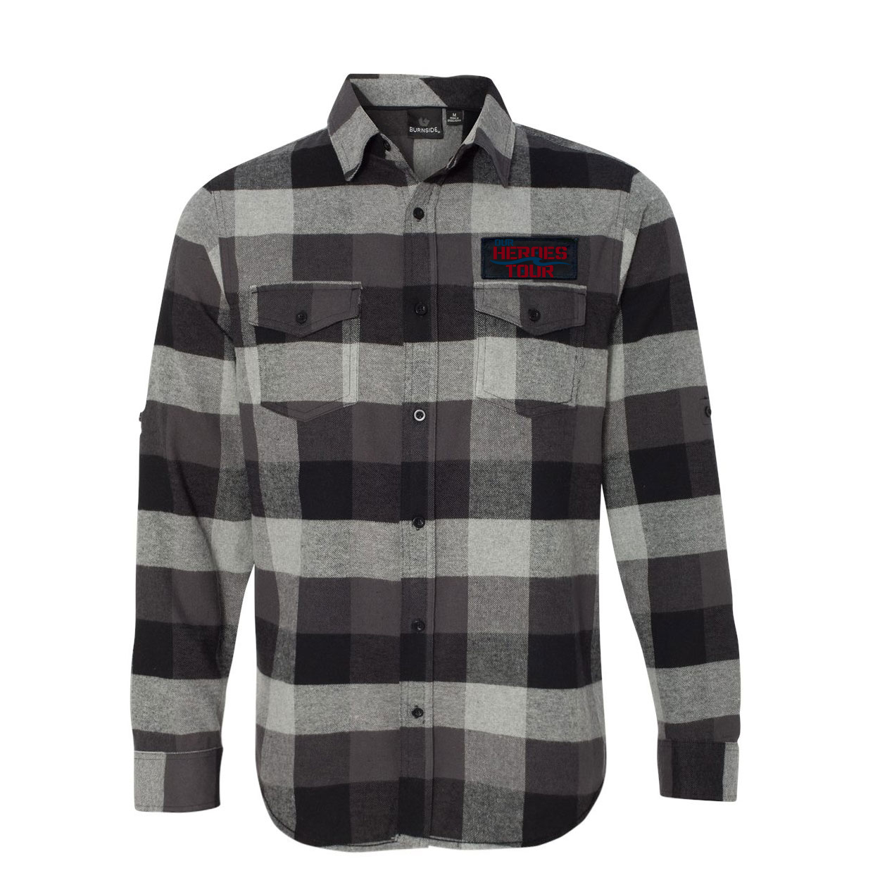 Our Heroes Tour Classic Unisex Long Sleeve Woven Patch Flannel Shirt Black/Gray (White Logo)