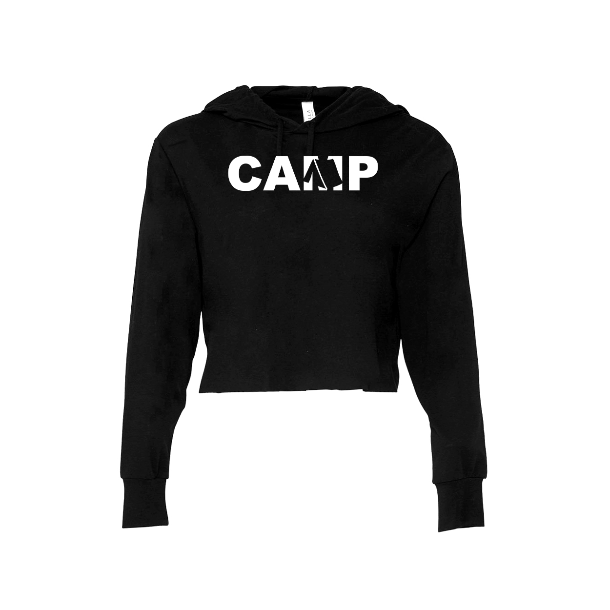 Camp Tent Logo Classic Womens Long Sleeve Cropped Hooded Tee Black 