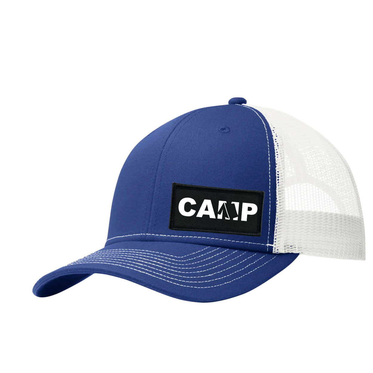 Camp Tent Logo Night Out Woven Patch Snapback Trucker Hat Dark Royal/White 