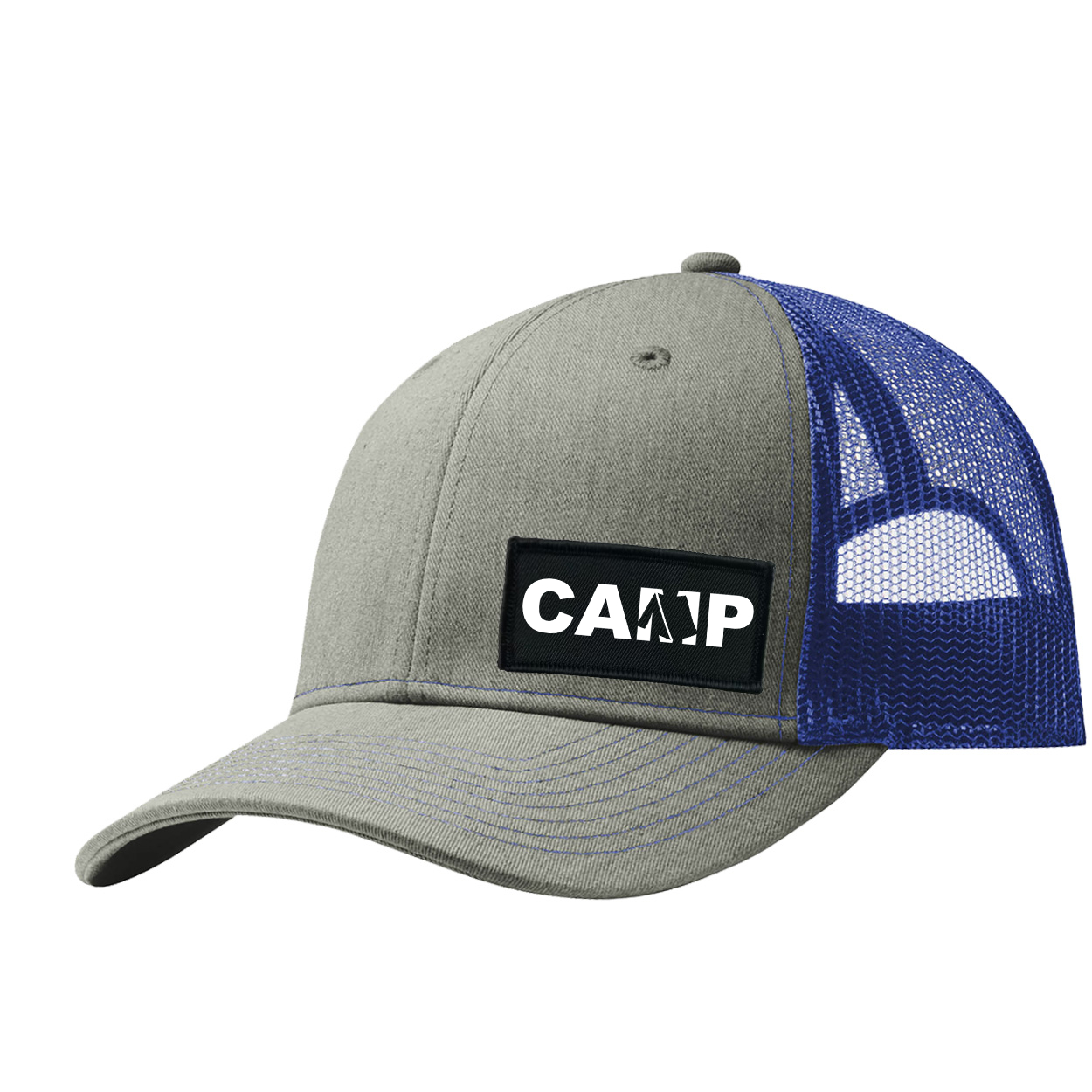 Camp Tent Logo Night Out Woven Patch Snapback Trucker Hat Heather Grey/Royal 