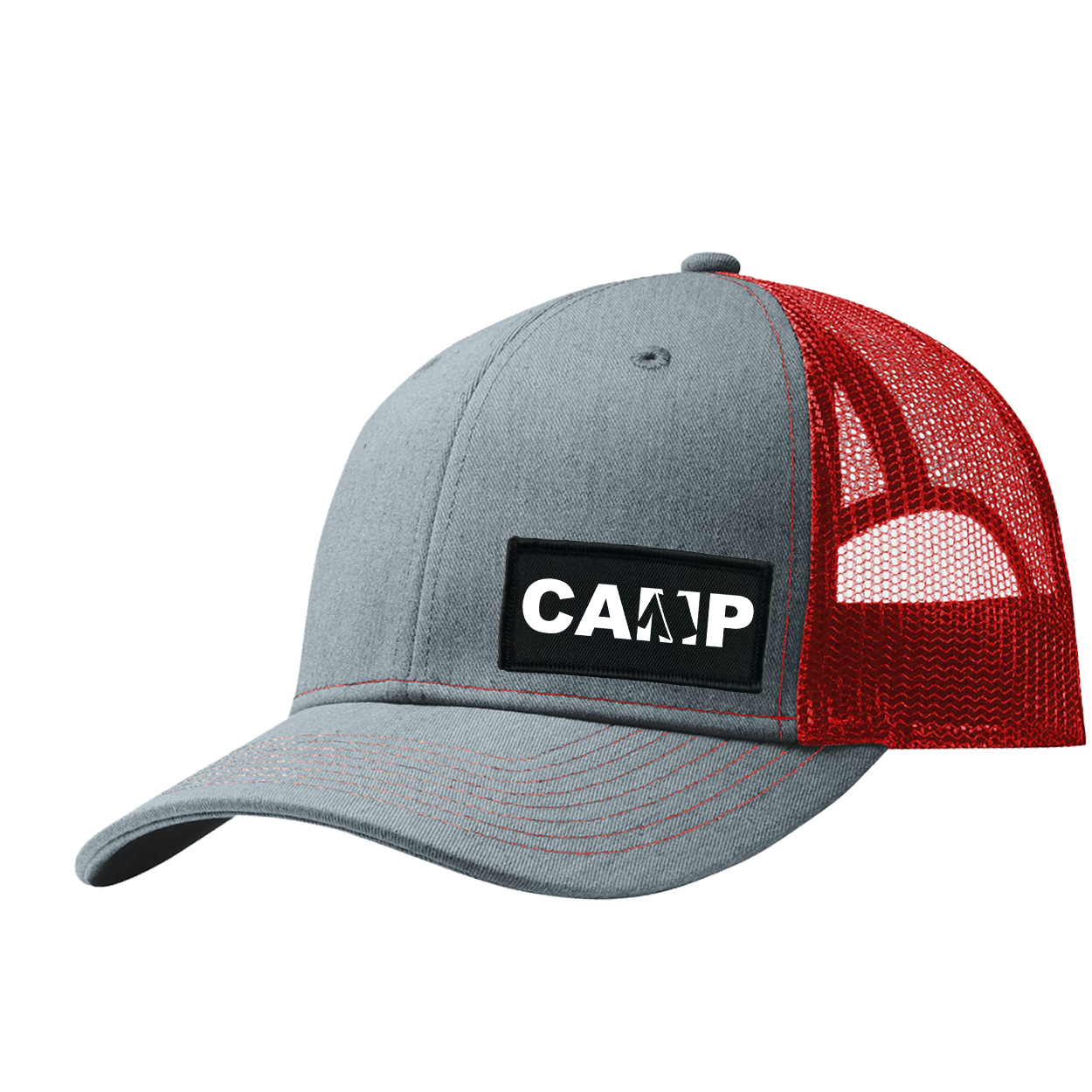 Camp Tent Logo Night Out Woven Patch Snapback Trucker Hat Heather Heather Grey/Red 